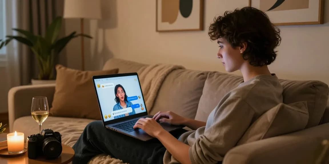 An intimate digital interaction with ai nsfw chat on a laptop in a cozy setting.