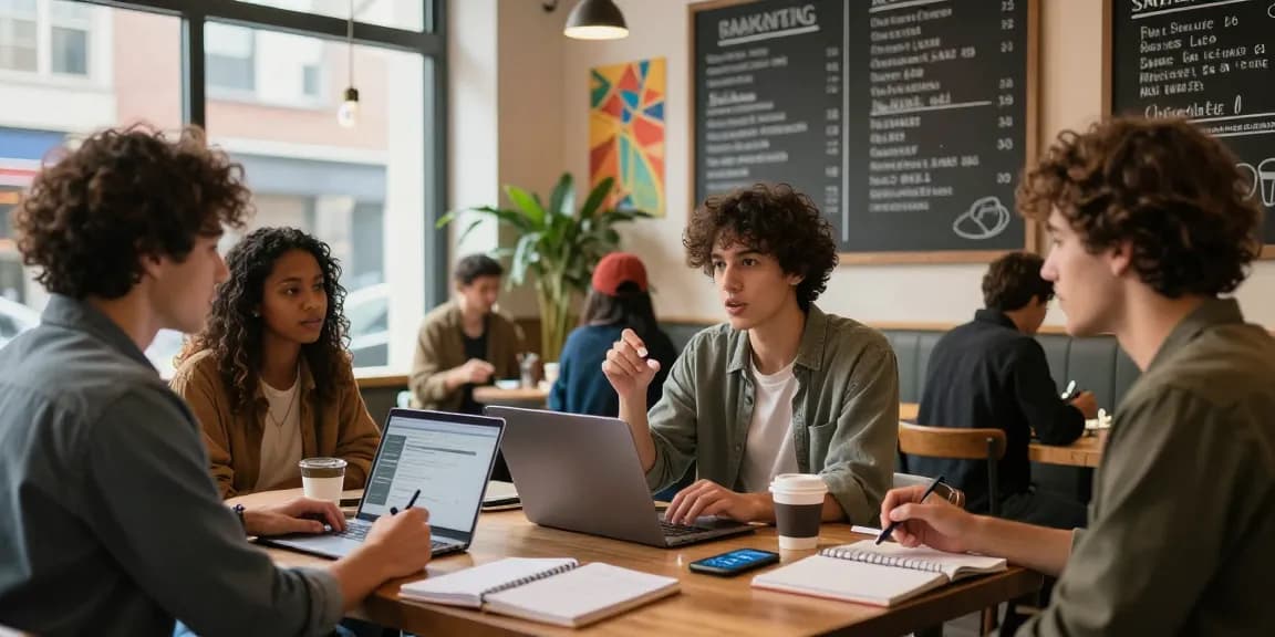 Buy amphetamines online UK scene in cozy café with young adults discussing focus and productivity.