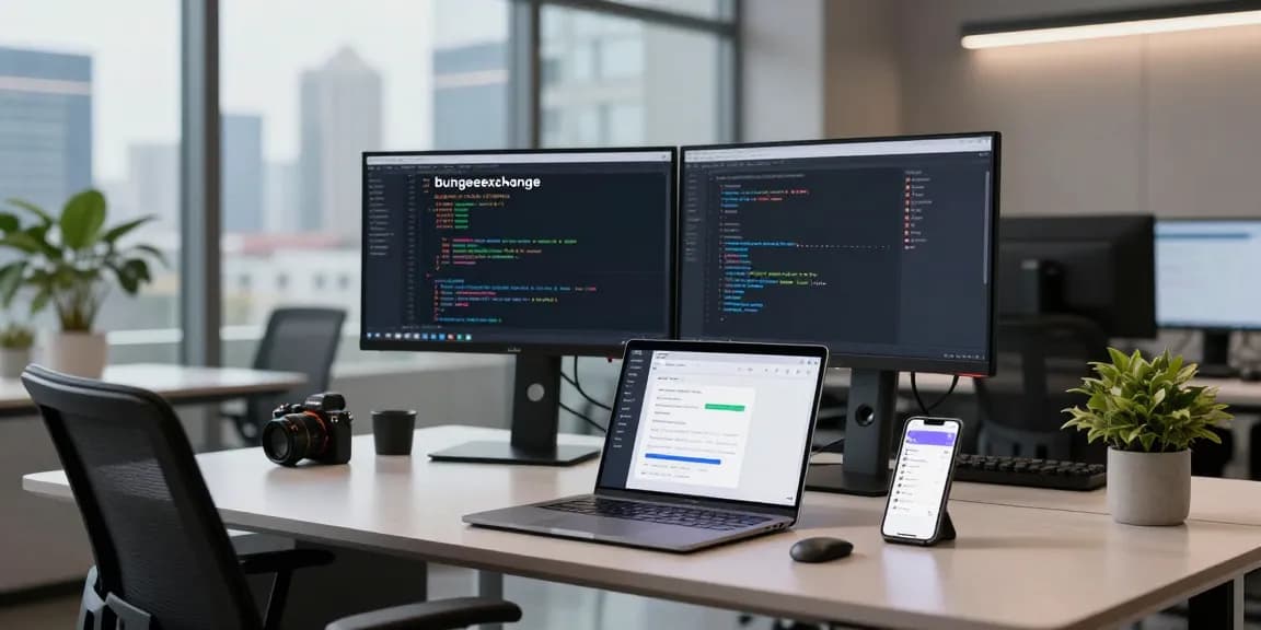 Bungeeexchange platform analytics and developer workspace showcasing coding and cross-chain trading.