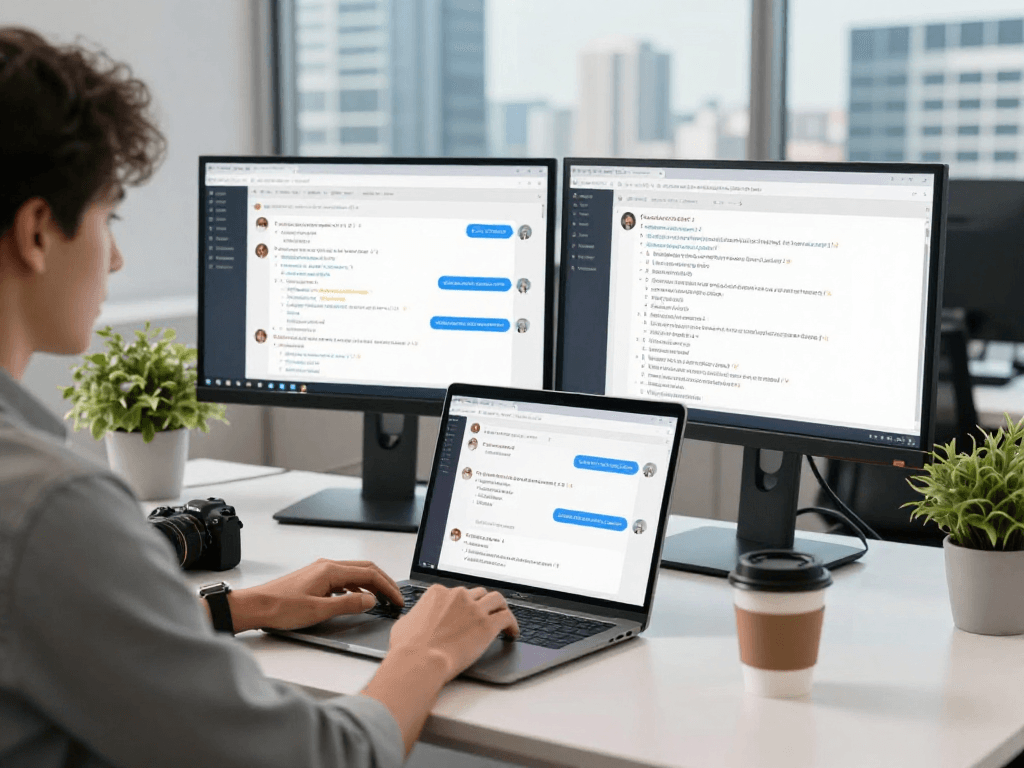 Engaging in nsfw AI chat on a modern workspace with dual monitors.