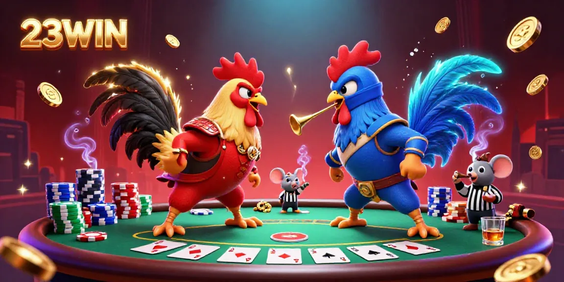 Engage in thrilling poker action with 23WIN, featuring fighting roosters and vibrant casino elements.