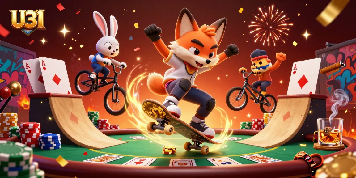 Experience U31 excitement with a dynamic scene of whimsical characters plus casino elements.