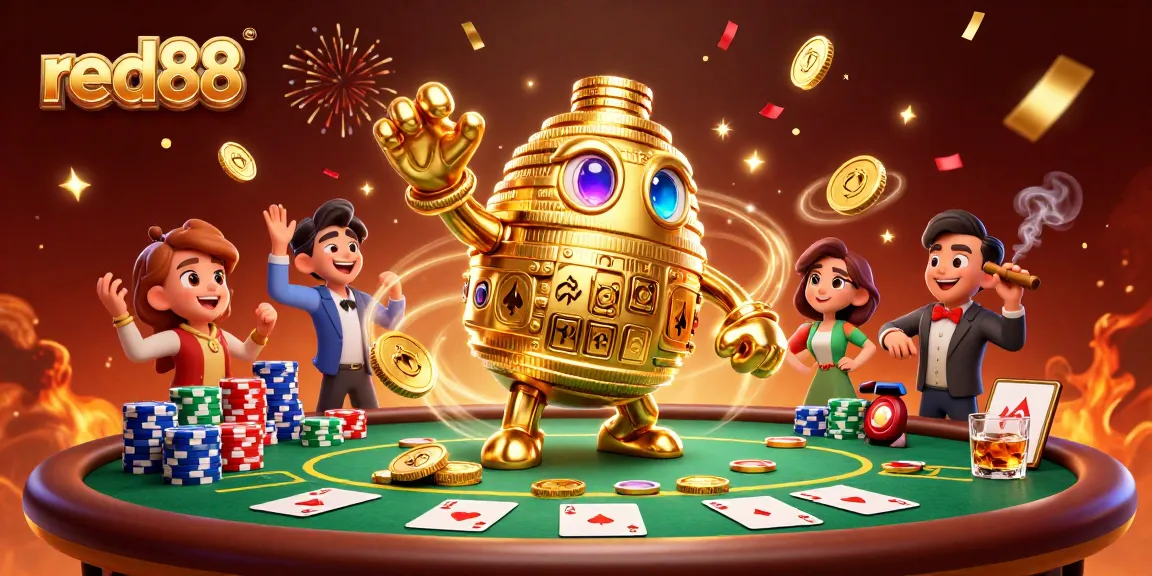 Experience the excitement of betting at red88 with a 3D scene of a golden golem and poker elements.