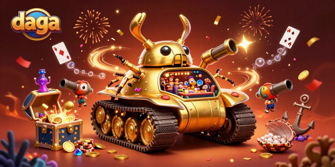 Daga presents an exciting scene featuring a golden beetle tank casino surrounded by treasure and gaming elements.