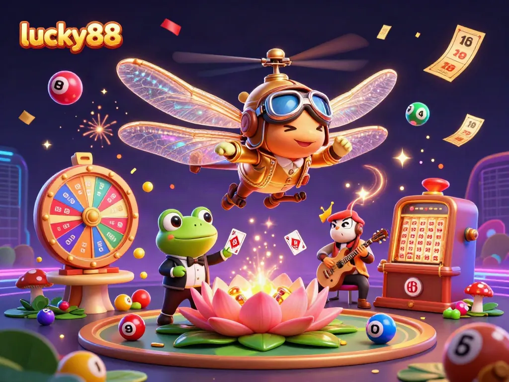 Experience thrilling moments with lucky88 as a dragonfly pilot hovers over a vibrant casino scene.