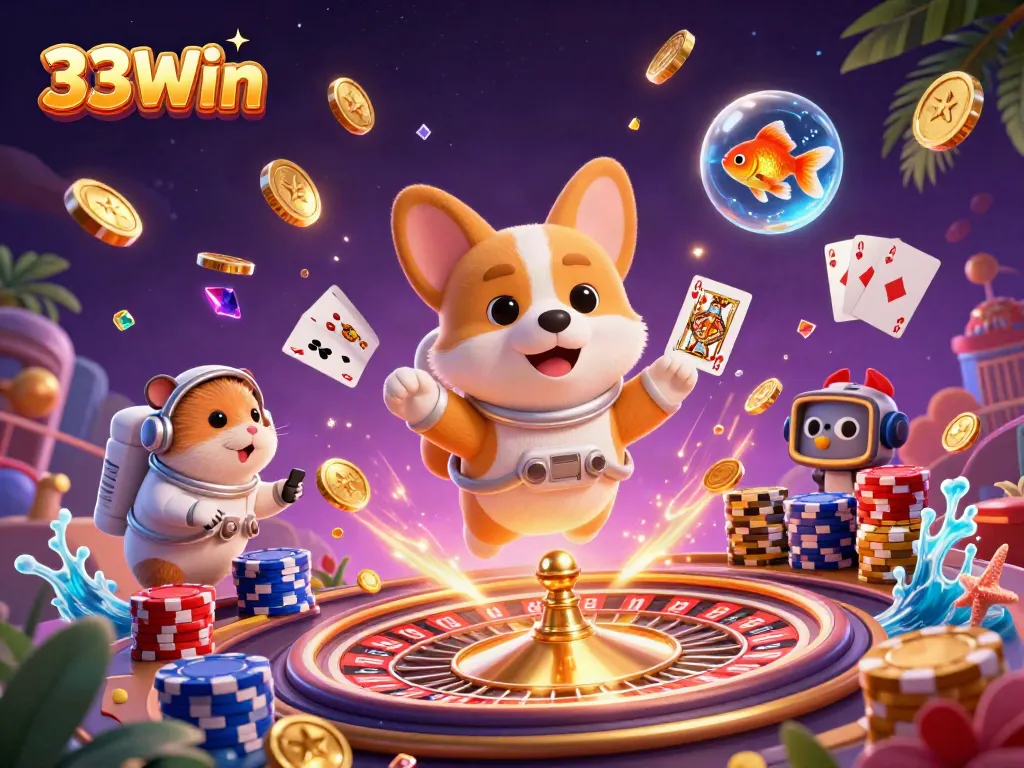 Experience the excitement of 33Win in a vibrant casino scene filled with fun characters and action.