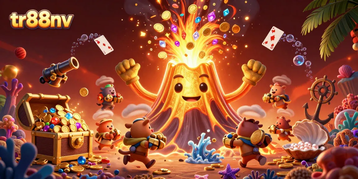 Win big at tr88nv with vibrant 3D illustrations featuring a golden volcano erupting coins and lively game elements.