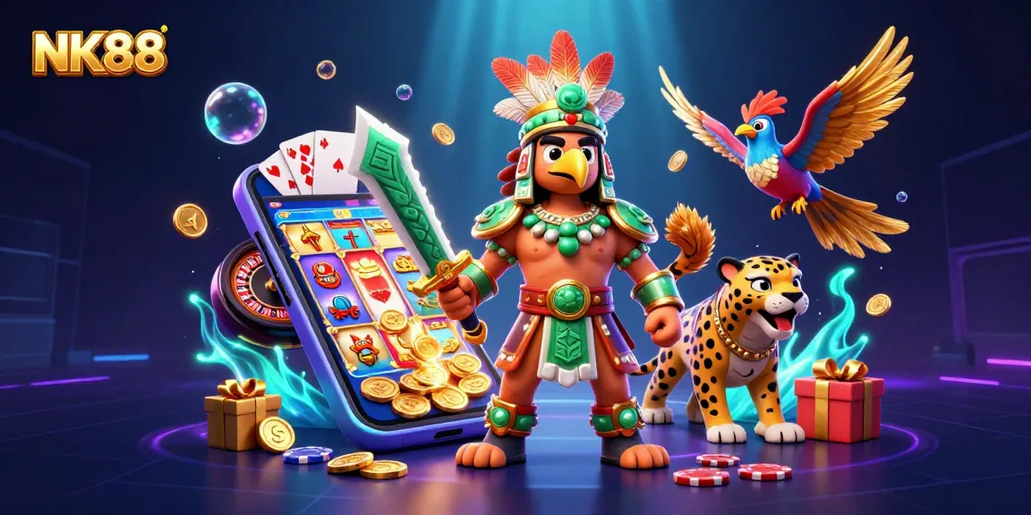 Engage with NK88's vibrant gaming scene featuring a dynamic Aztec warrior and stunning slot game graphics.