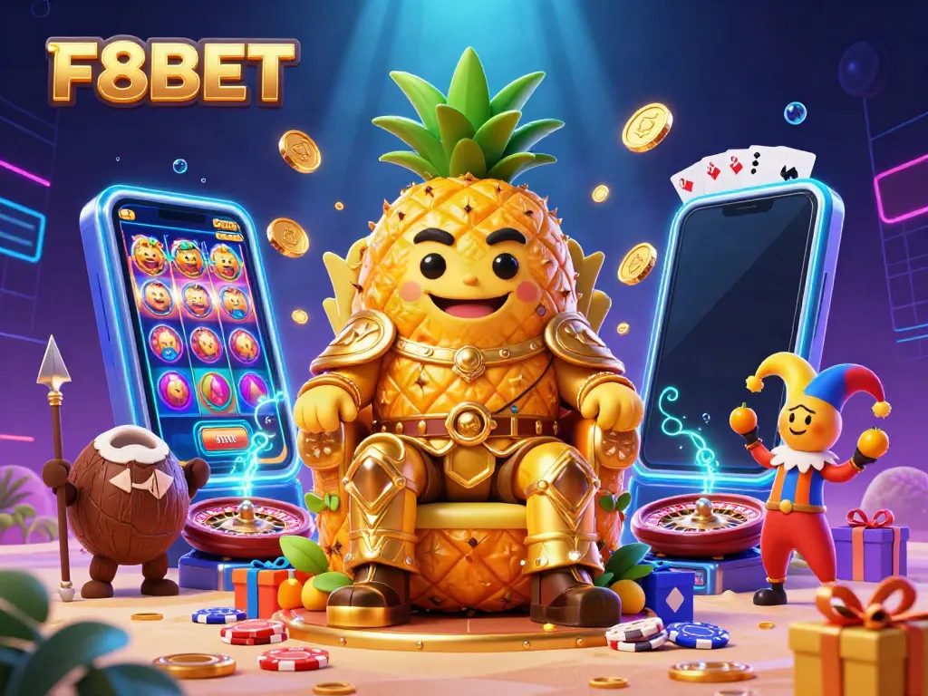 Engage with F8BET's dynamic gaming scene featuring the golden pineapple king in a lively casino setting.