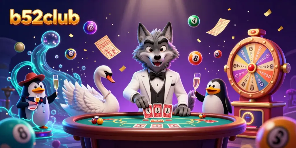 Experience thrilling gaming at b52club with a lively scene featuring a debonair wolf, elegant swan, and sophisticated penguin.
