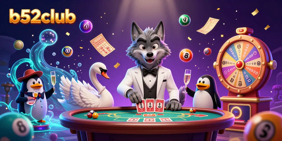 Experience thrilling gaming at b52club with a lively scene featuring a debonair wolf, elegant swan, and sophisticated penguin.