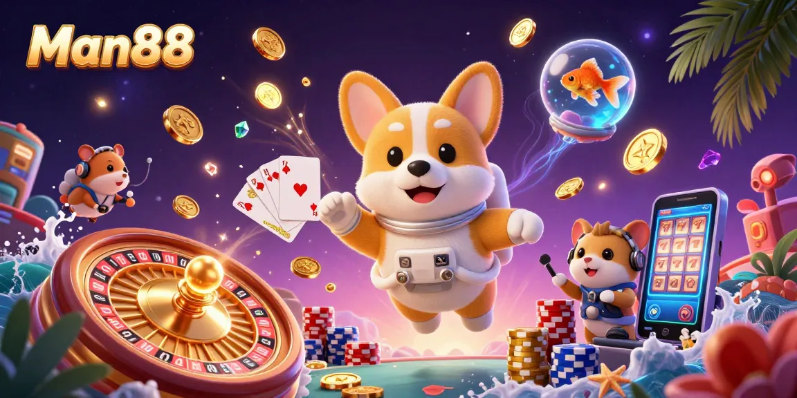 Experience gaming excitement at Man88 with a floating corgi astronaut amidst spinning roulette and golden gains.