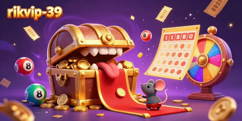 Experience the thrill of rikvip-39 with a captivating illustration of lottery excitement and golden treasures.
