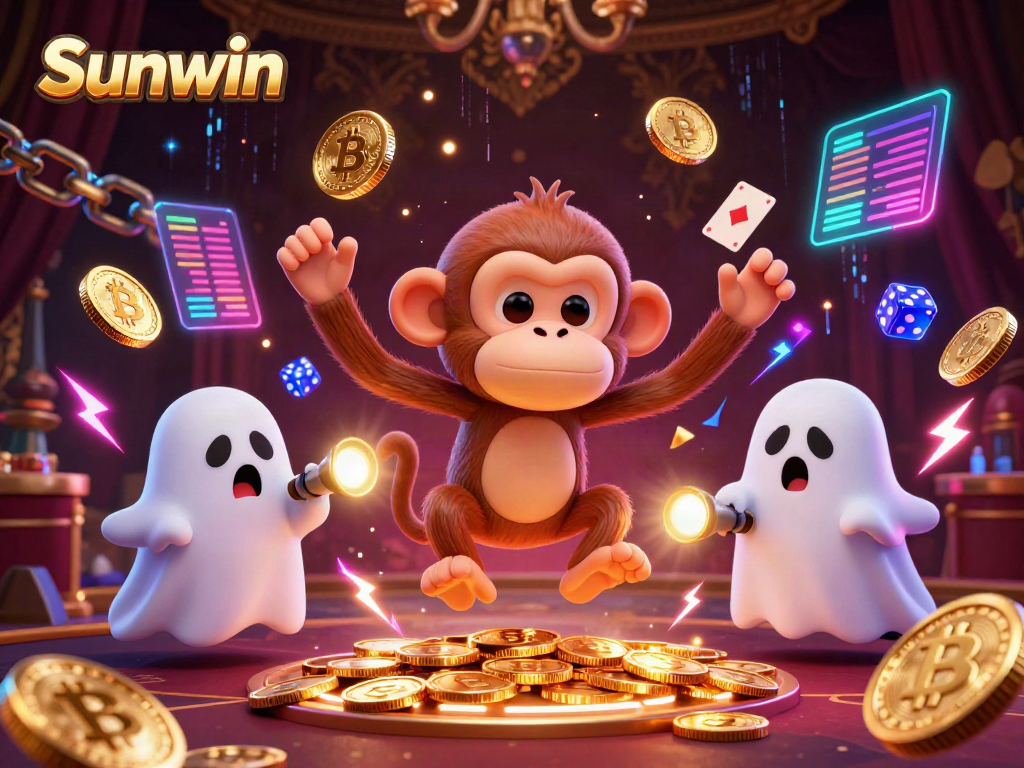Interactive Sunwin casino scene with a poltergeist monkey juggling coins, creating a lively atmosphere.