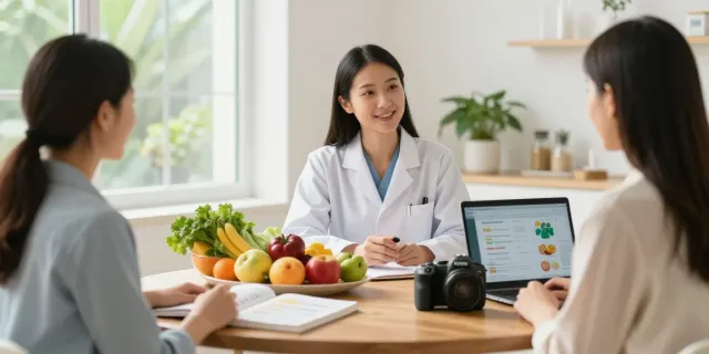 Nutritionist Surrey consulting a client with fresh ingredients and health resources in a bright, inviting clinic.