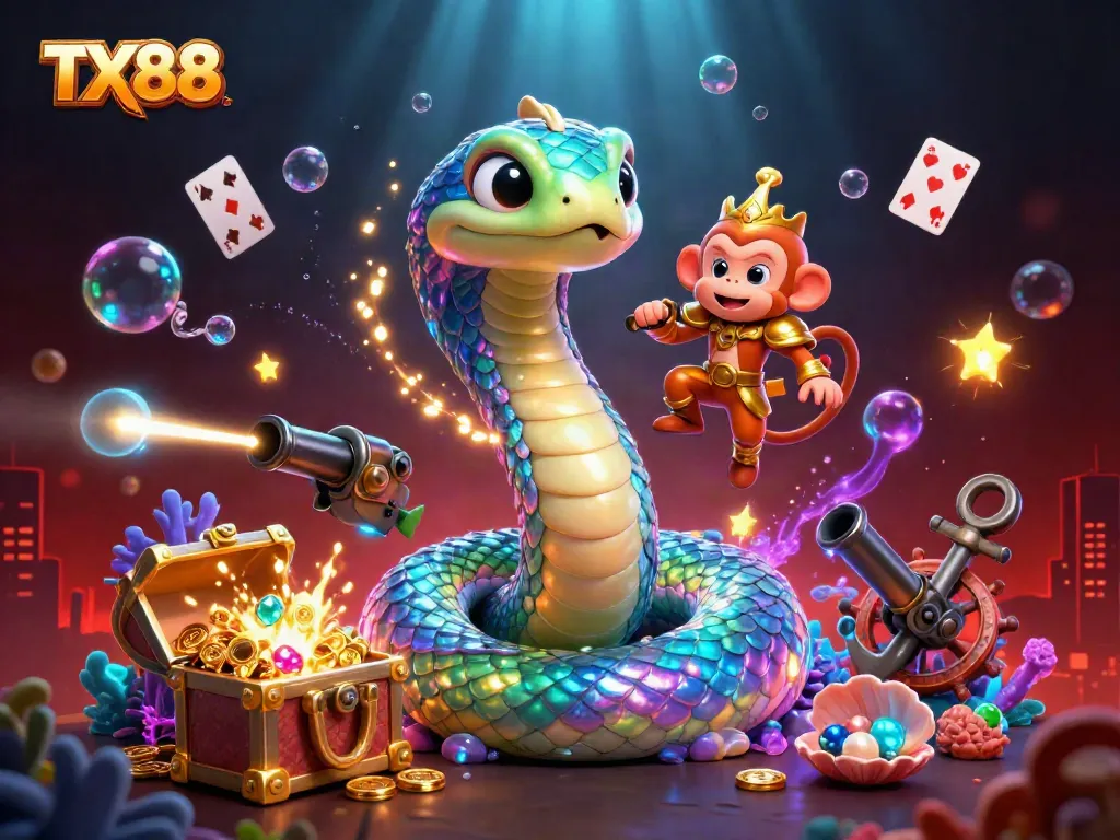 Engage with TX88's colorful gaming adventure featuring a rainbow serpent and monkey king.