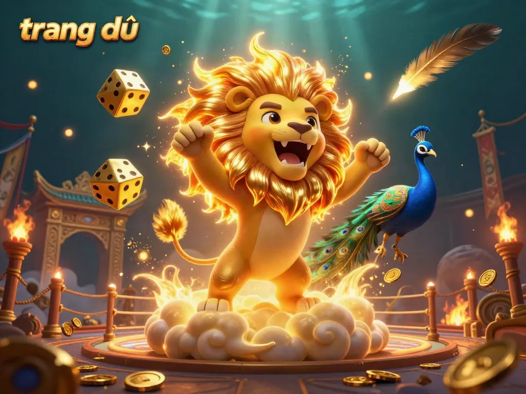Engaging illustration of the vibrant gaming scene on trang chủ featuring a playful sun lion and golden dice.