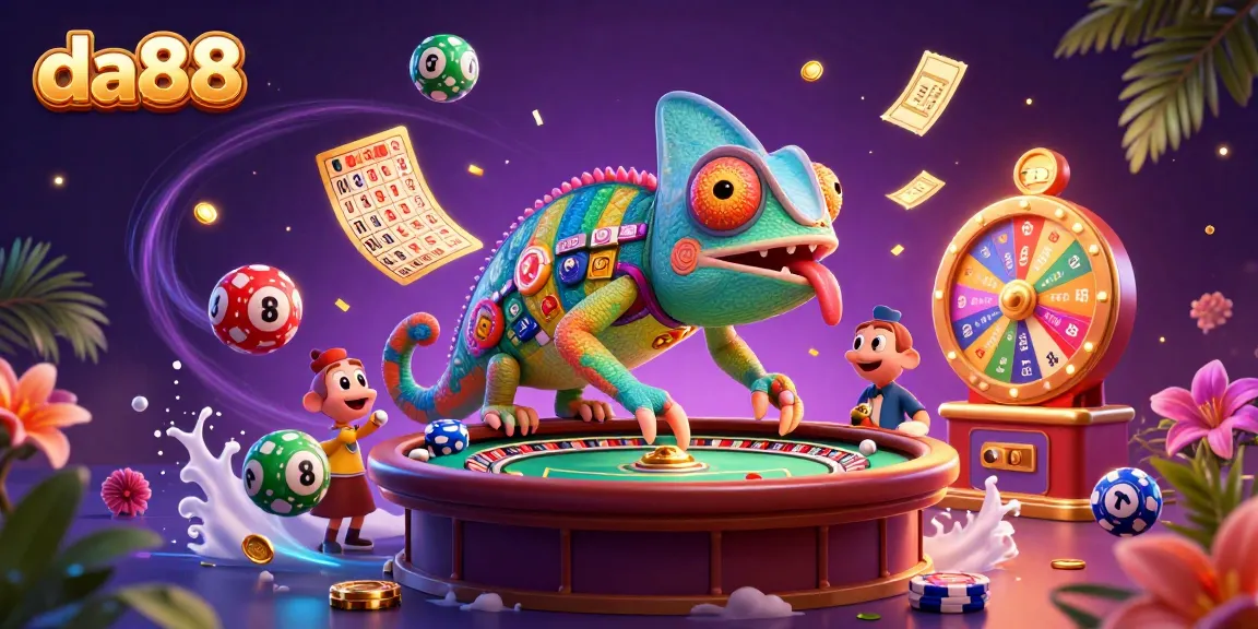 Experience winning at da88 with a vibrant 3D casino scene featuring a colorful chameleon owner.