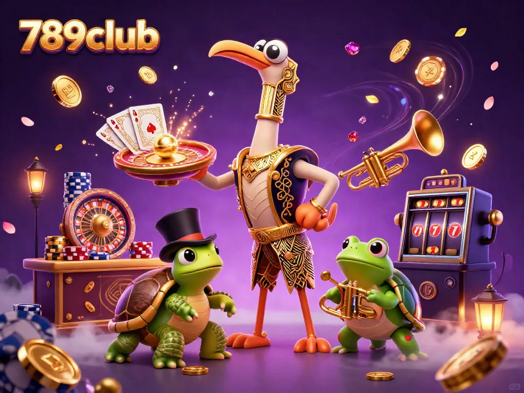Play games at 789club with vibrant casino characters amidst cascading coins and dynamic lighting.