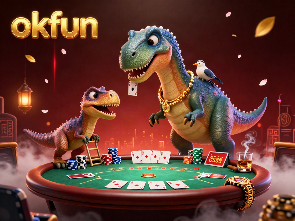 Engage in high-stakes poker action with okfun's dynamic casino illustration filled with vibrant characters and elements.