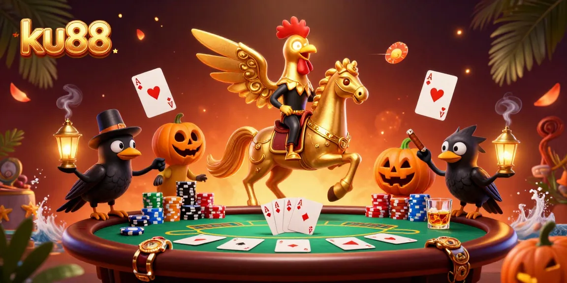 Engage in thrilling casino action with ku88's vibrant 3D illustration featuring a golden rooster and poker elements.