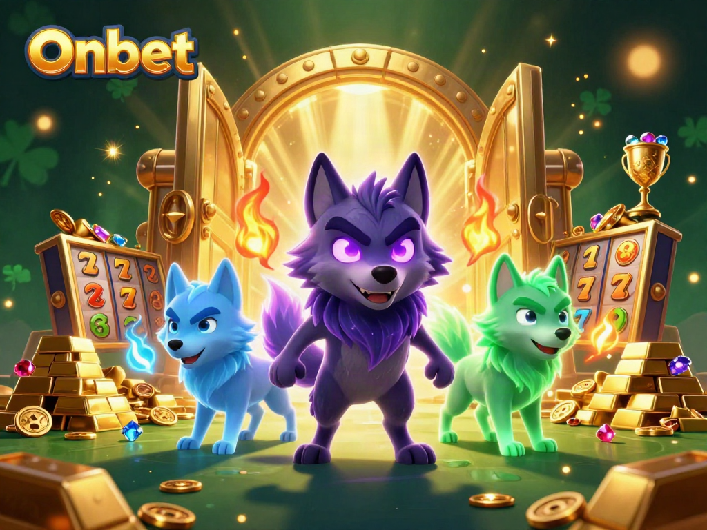 Experience the thrill of Onbet with animated wolves, treasures, and vibrant casino elements.