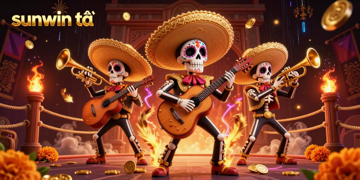 Experience sunwin tải with a vibrant 3D scene featuring colorful skeleton mariachi characters amidst casino elements.