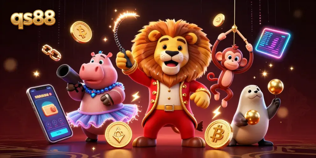 Engage with incredible qs88 gameplay featuring cartoon characters and dynamic crypto elements in a vibrant casino scene.