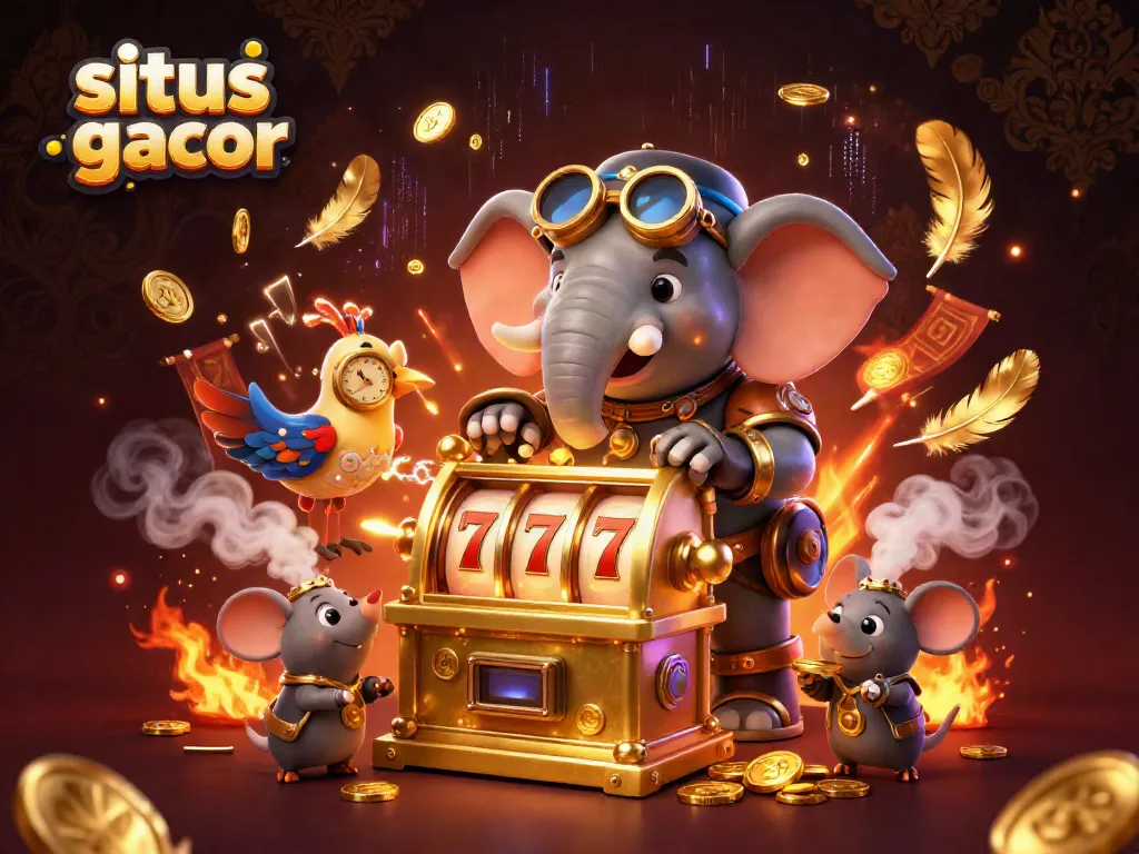 Experience the excitement of situs slot gacor with a steampunk elephant and slot machines in action.