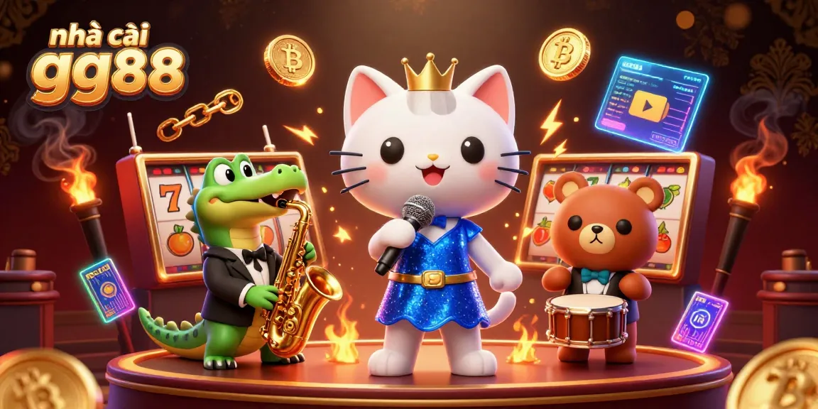 Engage with nhà cái gg88 through a vibrant 3D casino illustration featuring fun characters and slot elements.