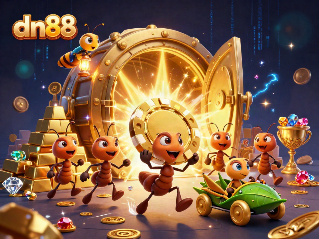 dn88 team of cartoon ants completing a daring heist with a giant poker chip, illustrating an exciting online gaming adventure.