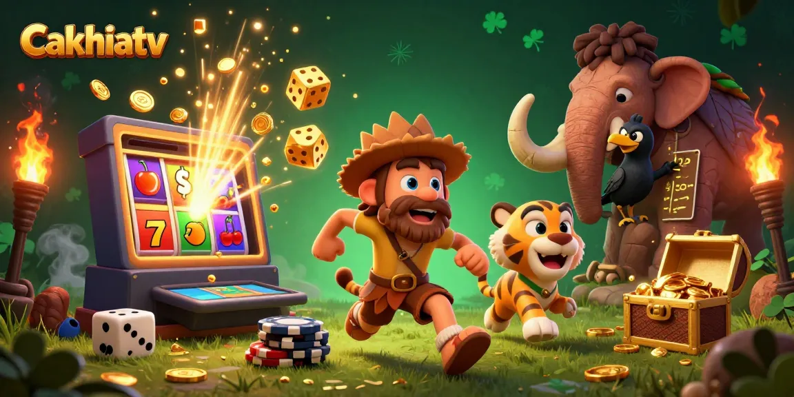 Cakhiatv offers a dynamic prehistoric casino scene with cartoon characters gaming among golden slot machines and treasure