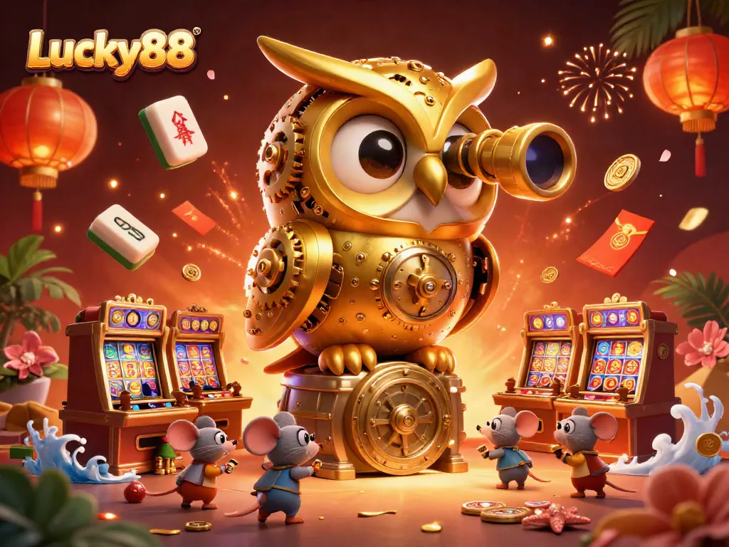 Experience the excitement at Lucky88 with a vibrant casino scene featuring a golden owl and animated patrons.