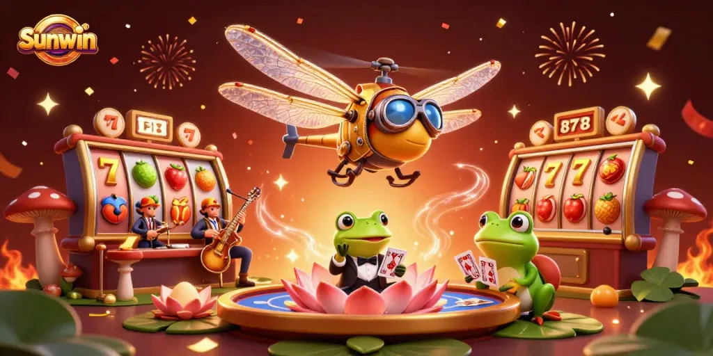 Experience Sunwin's thrilling slot gameplay with our vibrant 3D casino illustration featuring a unique dragonfly pilot.