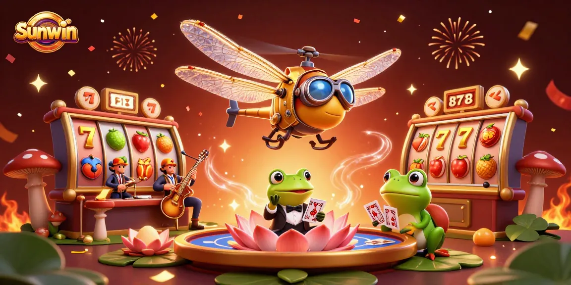 Experience Sunwin's thrilling slot gameplay with our vibrant 3D casino illustration featuring a unique dragonfly pilot.