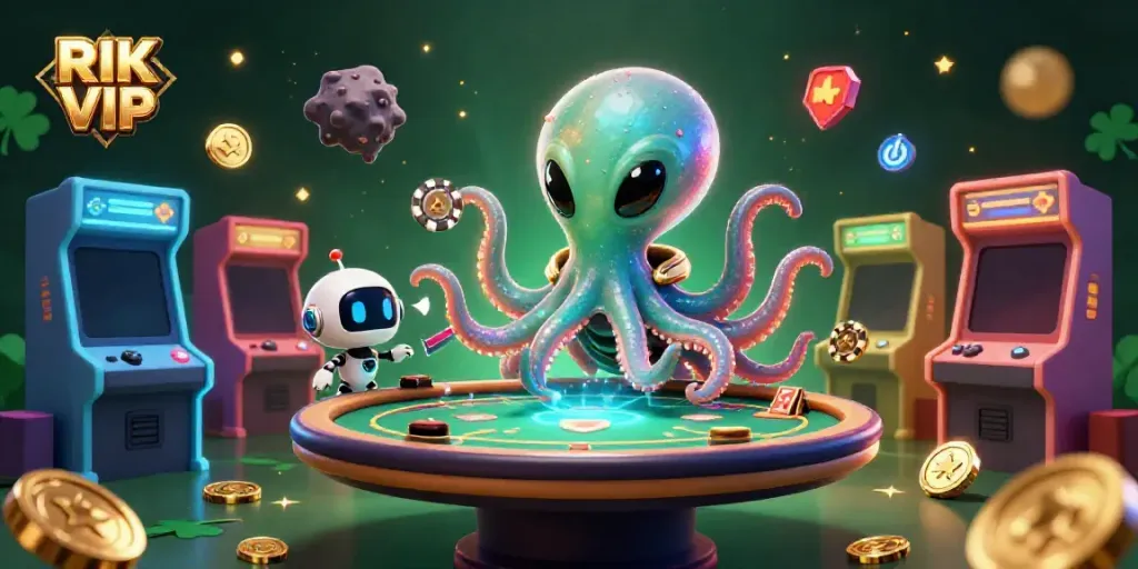 Engage in thrilling games at RIK VIP with an exciting alien octopus at the poker table.