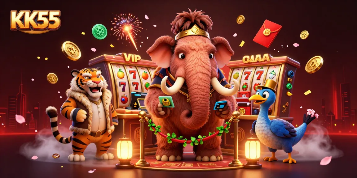 KK55 welcomes players with vibrant symbols of slots alongside a unique cartoon scene featuring a woolly mammoth.