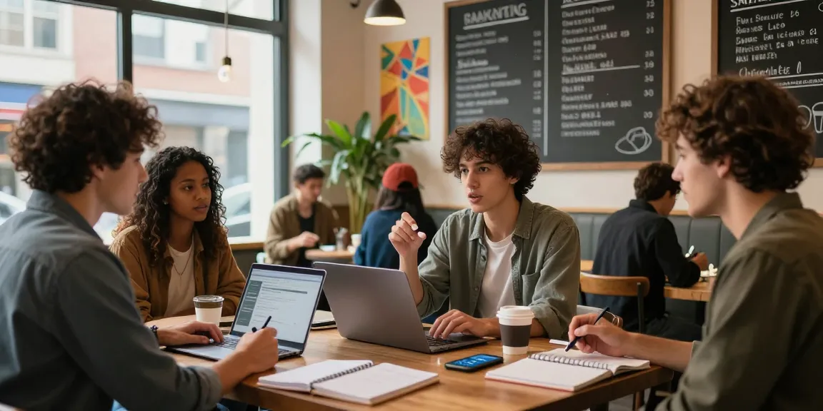 Buy amphetamines online UK scene in cozy café with young adults discussing focus and productivity.