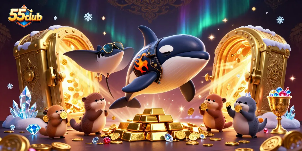 Experience thrilling adventures with 55club's animated characters amidst dazzling treasures!