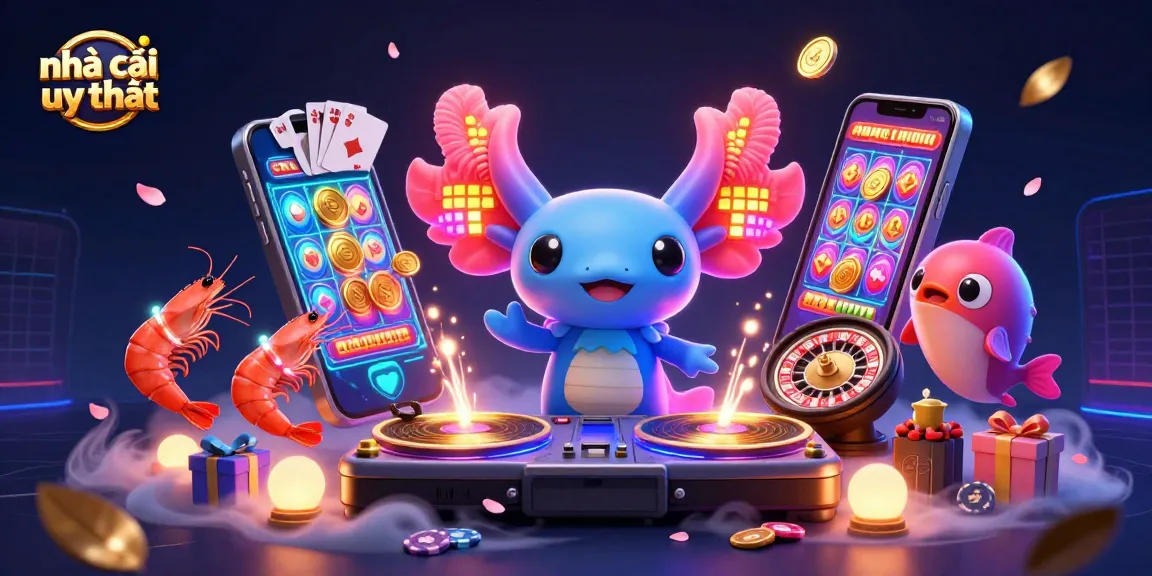 Engaging 3D casino scene showcasing nhà cái uy tín with neon axolotl DJ, vibrant games, and lively characters.