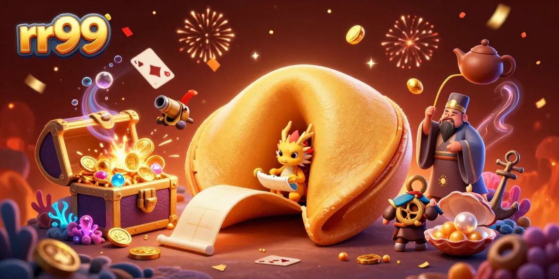 Experience the excitement of rr99 with a vibrant 3D casino scene featuring fortune cookies and treasure elements.