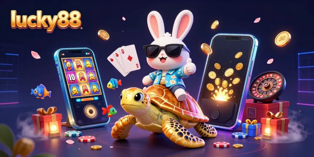 Experience the thrill of lucky88 slot games with an adorable rabbit and a golden turtle in this vibrant scene.