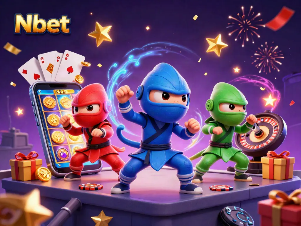 Nbet reveals thrilling action as chameleon ninjas showcase their skills amidst vibrant casino elements.