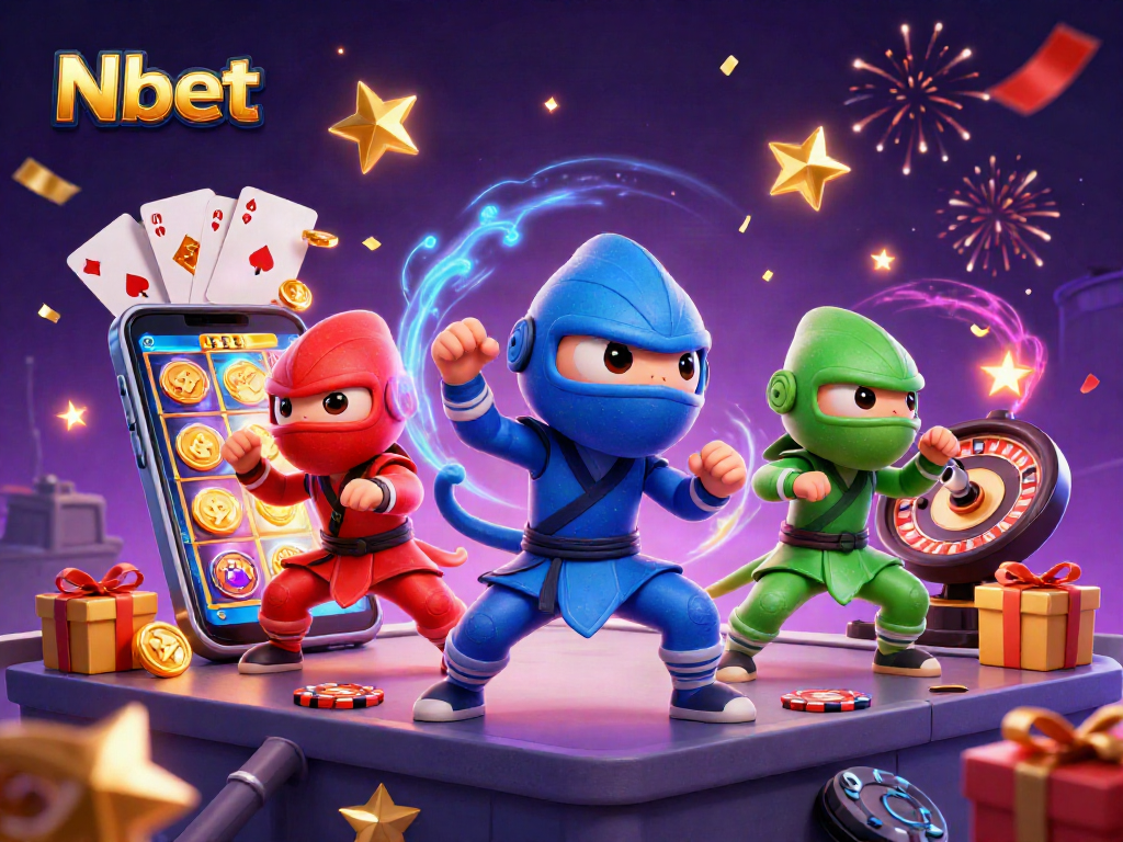Nbet reveals thrilling action as chameleon ninjas showcase their skills amidst vibrant casino elements.