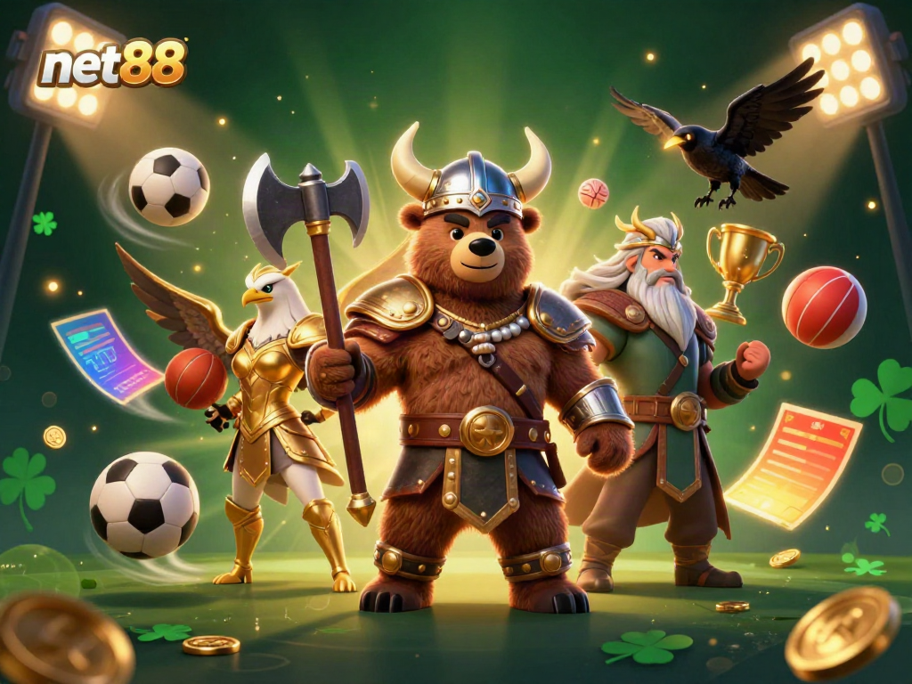 Engage in net88's thrilling gaming with a Viking bear and Valkyrie amidst dynamic sports elements.
