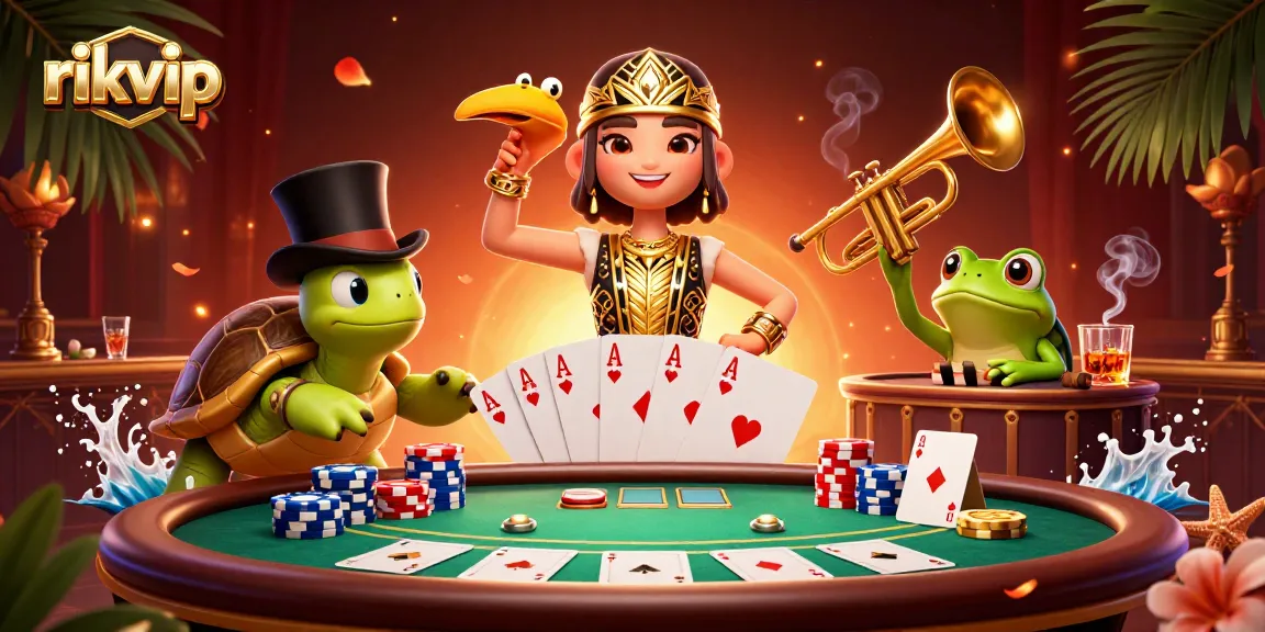 Experience dynamic fun at rikvip with vibrant casino characters surrounded by colorful poker elements.