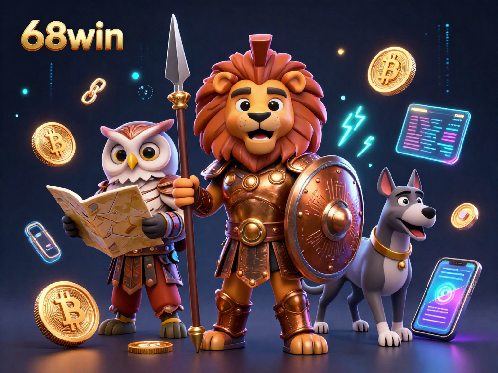 Join the excitement at 68win, showcasing vibrant digital gambling elements and a heroic Spartan lion character.
