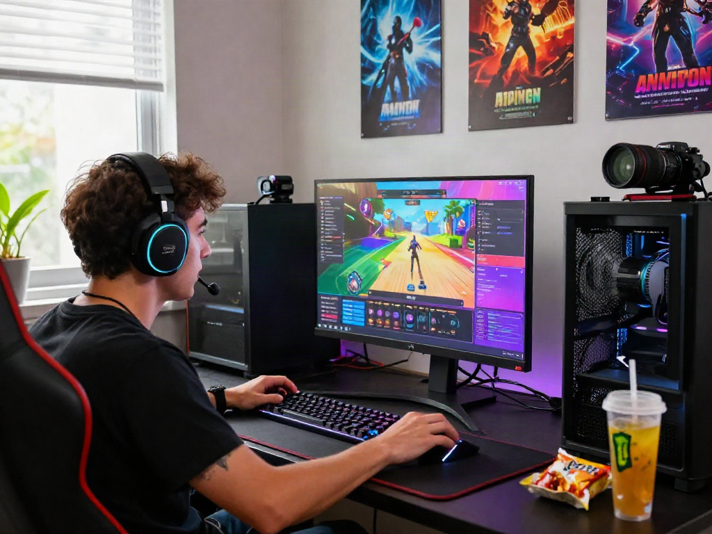 Engaging porngame scene featuring a gamer intensely focused on gameplay with vibrant RGB lights.