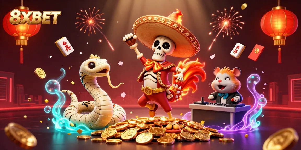 Experience excitement with 8XBET's vibrant casino illustration featuring dynamic characters and festive elements.