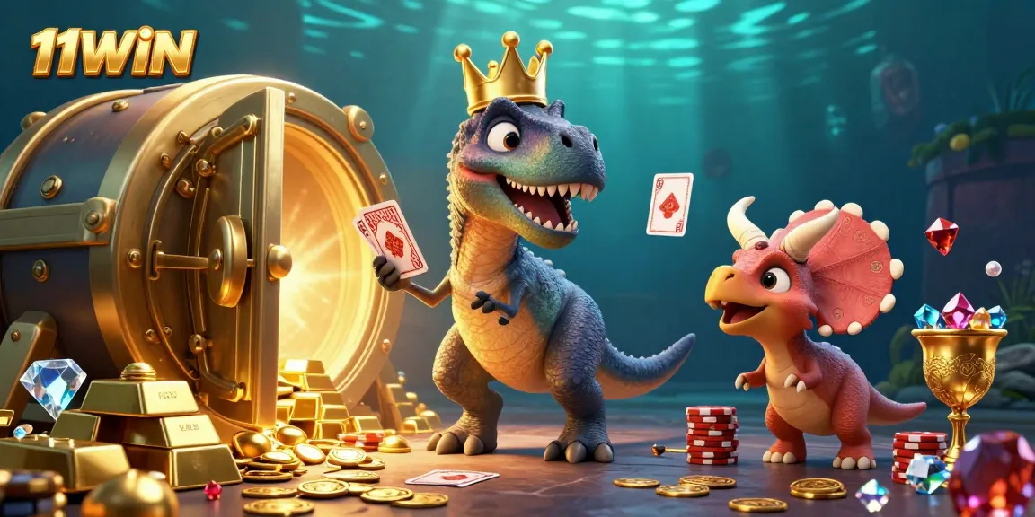 Engage with 11WIN's vibrant casino adventure featuring T-Rex card shuffling and golden chips.
